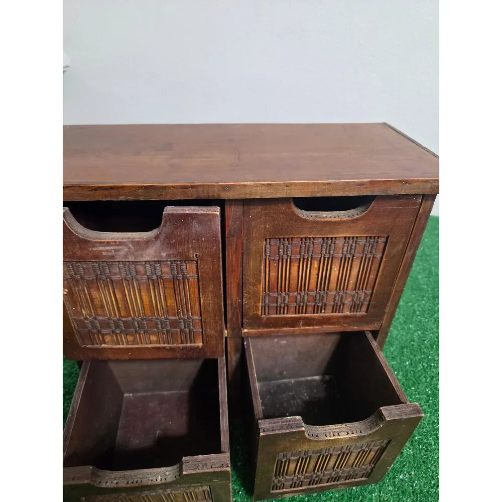 Vintage Wooden Desktop Organizer 4-Drawer Cabinet with Woven Bamboo & Rattan Pa